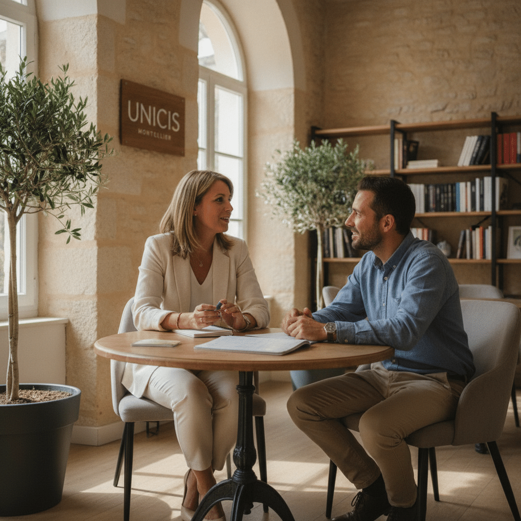 Conseillère Unicis Montpellier échangeant avec un adhérent lors d'un entretien personnalisé