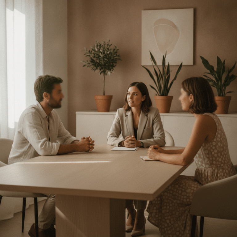 Conseillère matrimoniale échangeant confidentiellement avec un homme et une femme autour d'une table, illustrant la protection de la vie privée en agence matrimoniale