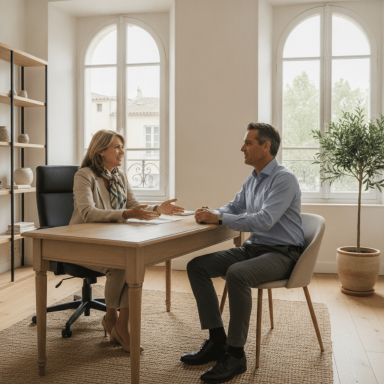 Conseillère matrimoniale échangeant avec un homme lors d'un entretien personnalisé dans un bureau lumineux
