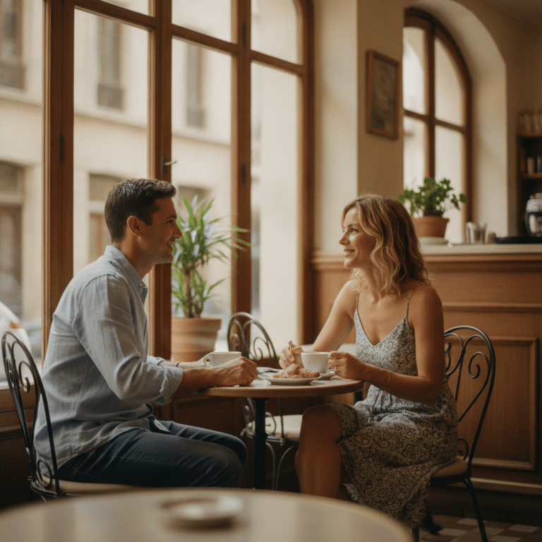 Un homme et une femme souriants prenant un café en terrasse lors d'un premier rendez-vous