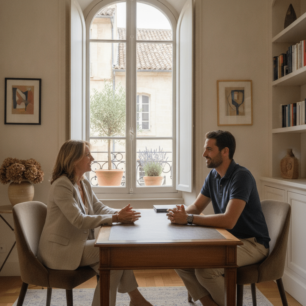 Conseillère matrimoniale souriante échangeant avec un homme lors d'une première consultation dans les locaux de l'agence à Montpellier