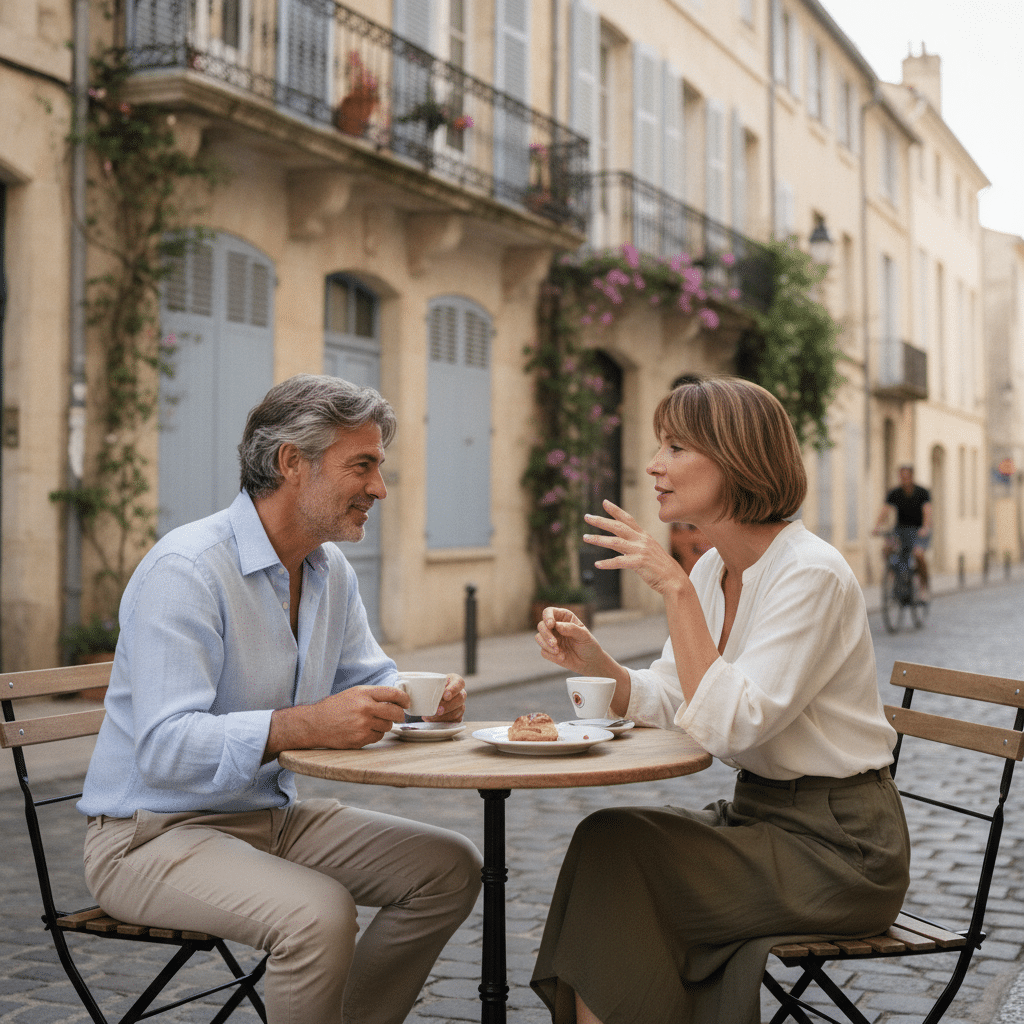 Homme et femme d'âge mûr discutant en terrasse dans une rue typique, illustrant une rencontre sérieuse sans exposer sa vie privée