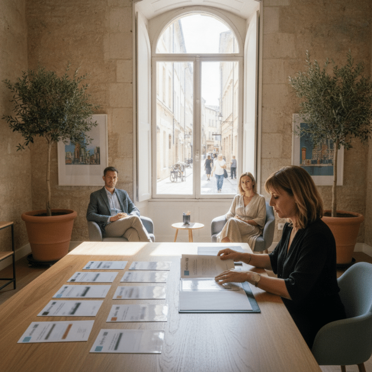 Conseillère Unicis examinant des profils de candidats en présence de deux adhérents dans les locaux de l'agence à Montpellier