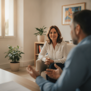 Une femme en entretien avec un conseiller en agence de rencontre, écoutée avec attention dans une atmosphère de confiance et bienveillance.