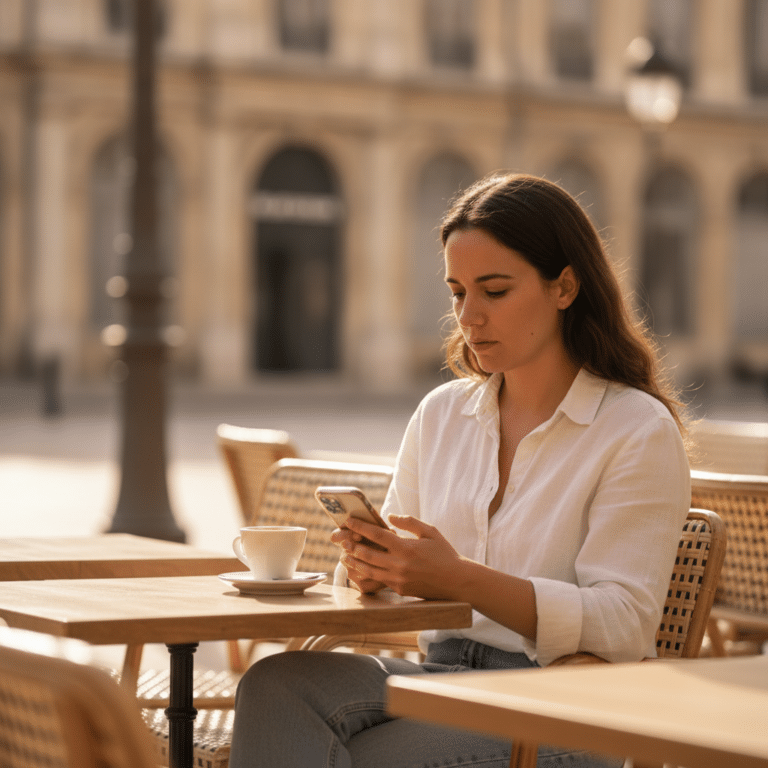Femme assise seule à la terrasse d'un café du centre-ville de Montpellier, regardant son téléphone