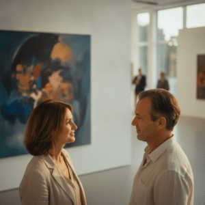 Deux personnes d'âge mûr échangent un regard complice lors d'une visite à une exposition d'art, illustrant une rencontre vérifiée basée sur l'authenticité.