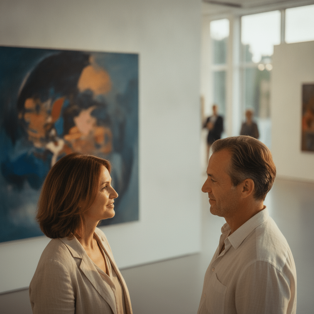 Deux personnes d'âge mûr échangent un regard complice lors d'une visite à une exposition d'art, illustrant une rencontre vérifiée basée sur l'authenticité.