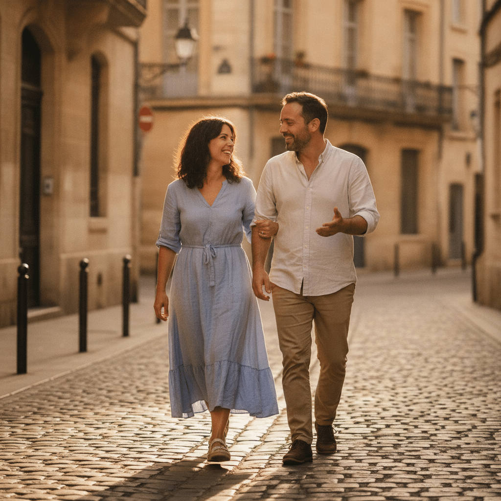 Un couple marchant ensemble dans les rues historiques de Montpellier, souriant avec une connexion naturelle et authentique