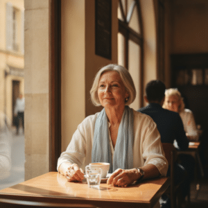 Femme d'âge mûr assise seule à un café, souriant avec confiance après avoir commencé son accompagnement en agence matrimoniale.