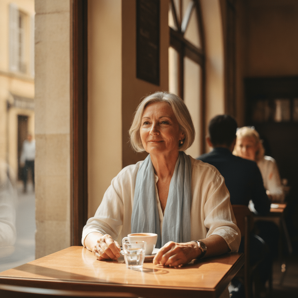 Femme d'âge mûr assise seule à un café, souriant avec confiance après avoir commencé son accompagnement en agence matrimoniale.