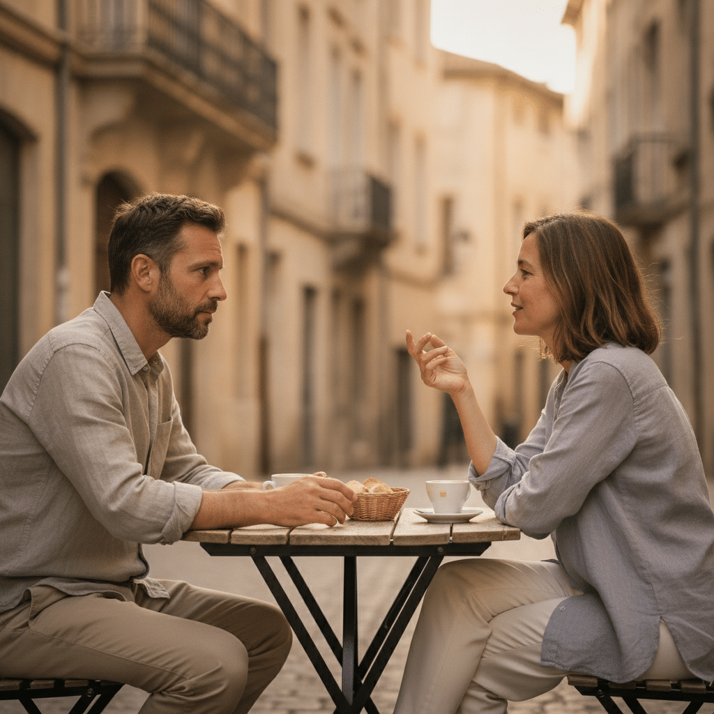Deux personnes en conversation authentique sur une terrasse montpelliéraine, échangeant un moment de connexion sincère et d'écoute mutuelle